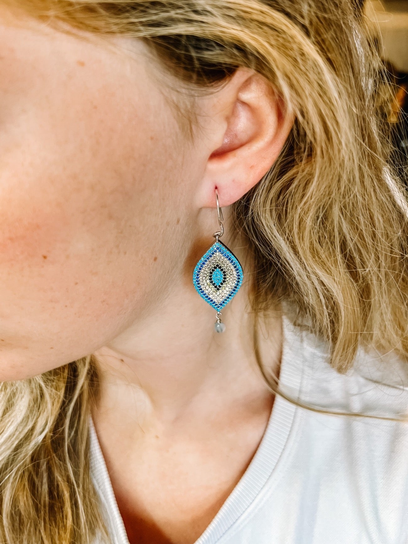 Sterling Silver CZ Evil Eye Dangle Earrings