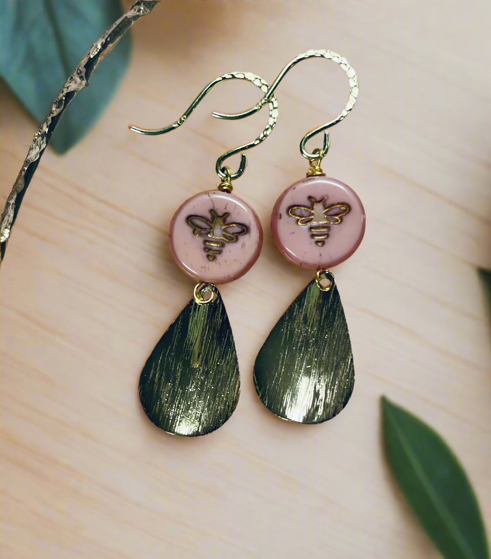 Gold Busy Bee Teardrop Dangle Earrings