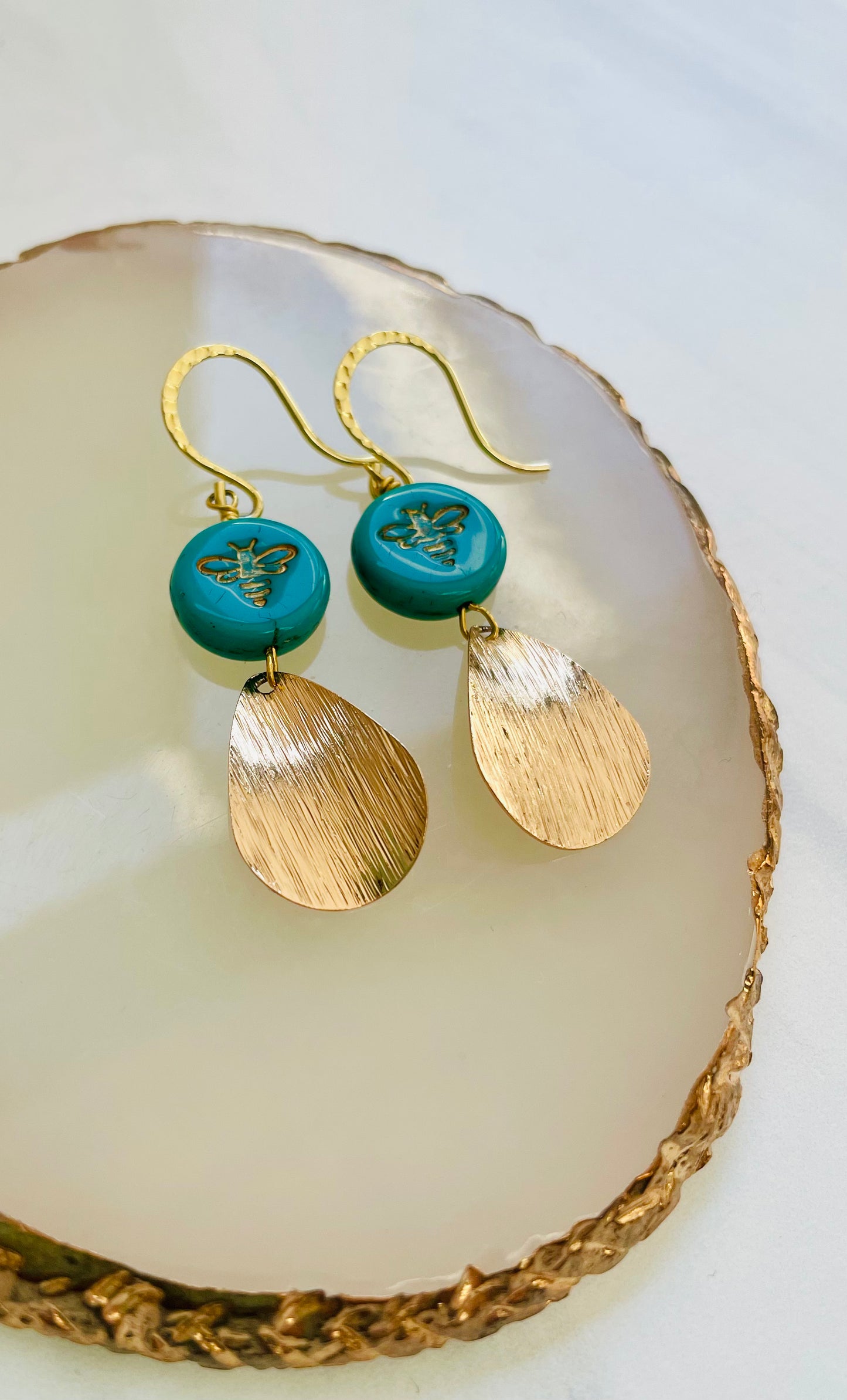 Gold Busy Bee Teardrop Dangle Earrings