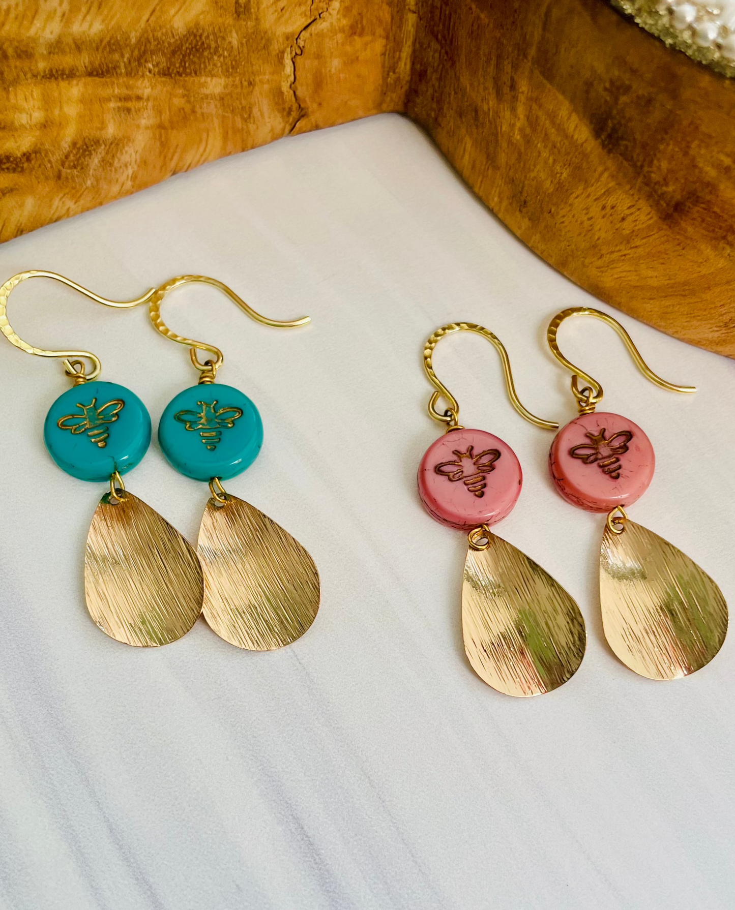 Gold Busy Bee Teardrop Dangle Earrings