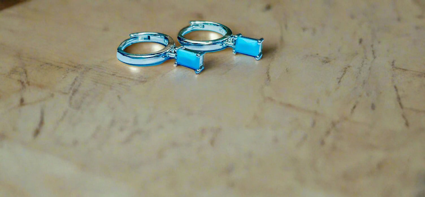Blue Charm Silver Huggie Earrings
