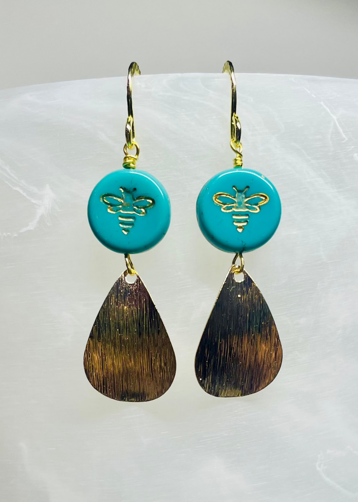 Gold Busy Bee Teardrop Dangle Earrings