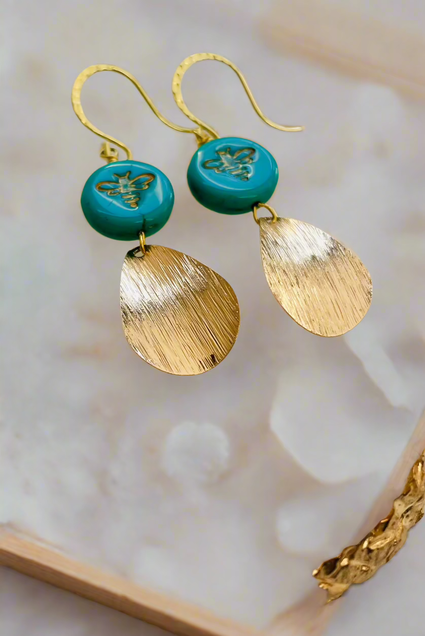 Gold Busy Bee Teardrop Dangle Earrings