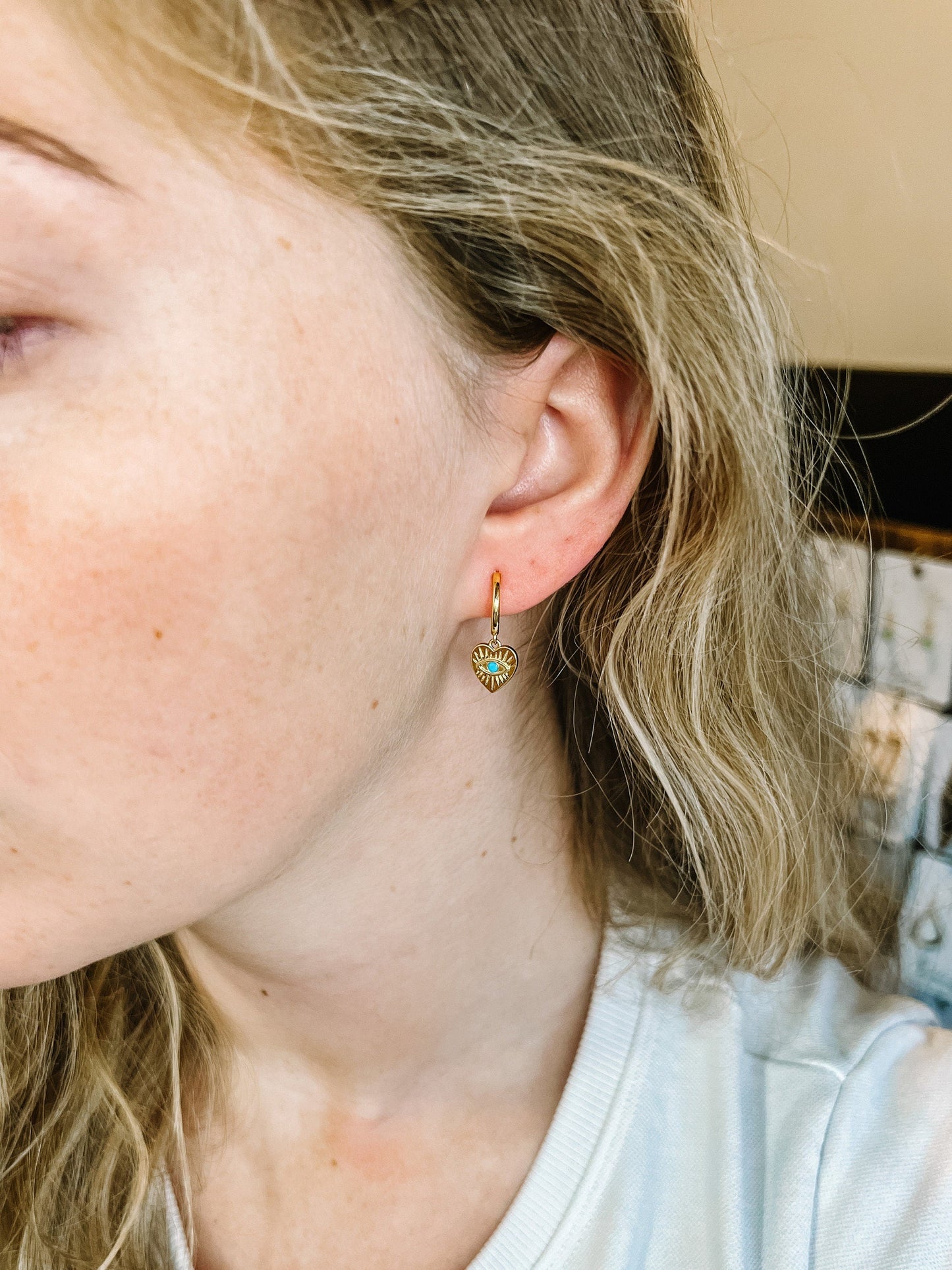 Gold Heart Evil Eye Huggie Studs