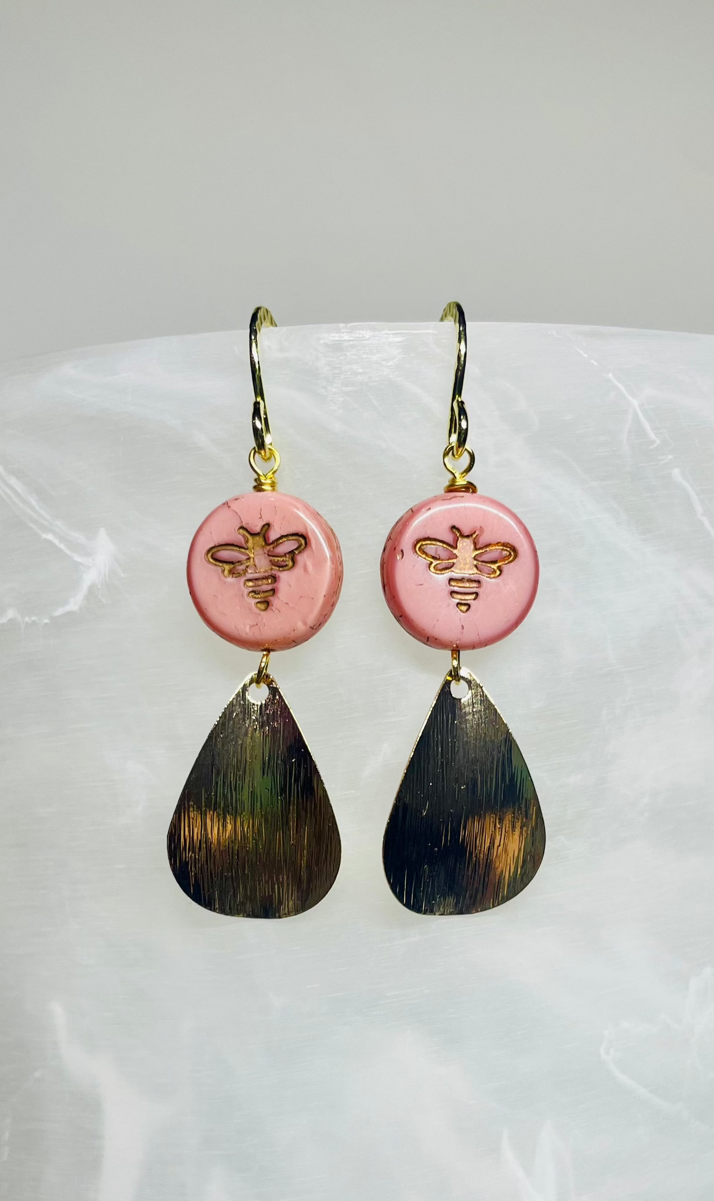 Gold Busy Bee Teardrop Dangle Earrings