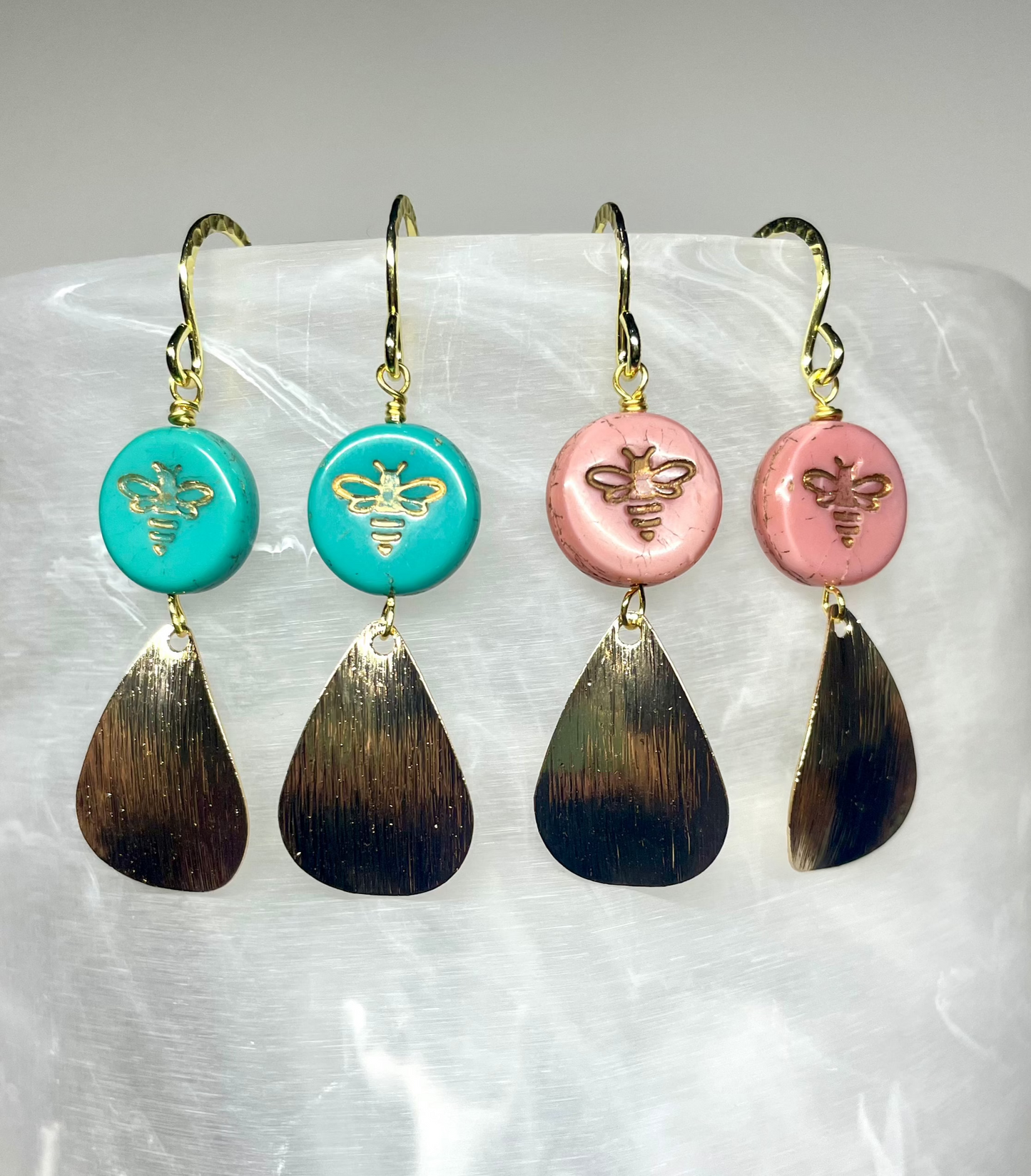 Gold Busy Bee Teardrop Dangle Earrings