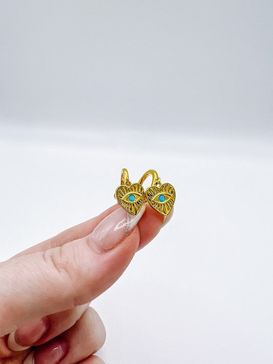 Gold Heart Evil Eye Huggie Studs